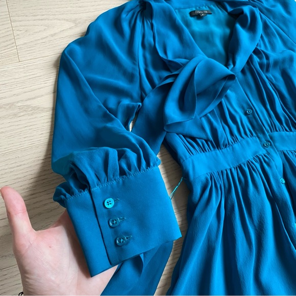 Rachel Zoe Mini Dress, Bow, 100% Silk, Flowy, Button-Down, Teal, Women’s (US M) - Picture 11 of 14